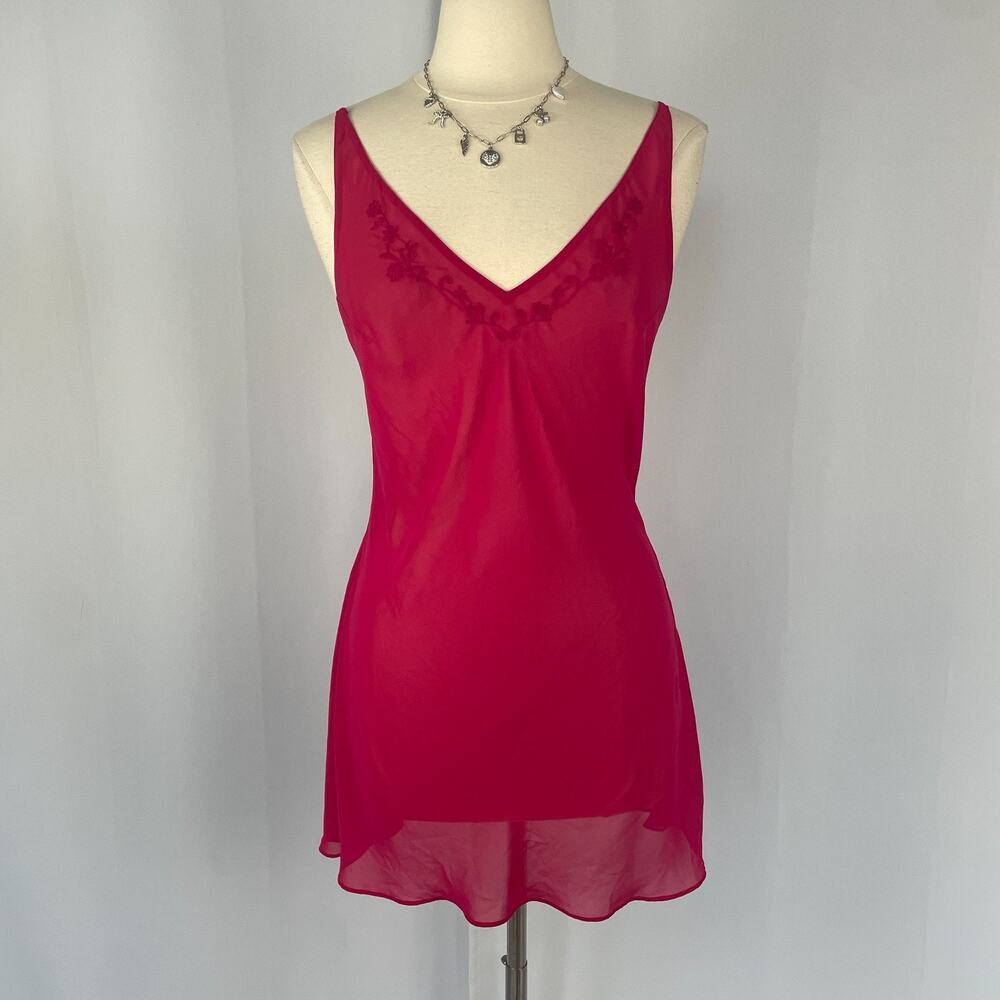Victorias Secret Chemise Slip Medium Hot Pink Embroidered Sheer Chiffon Lingerie